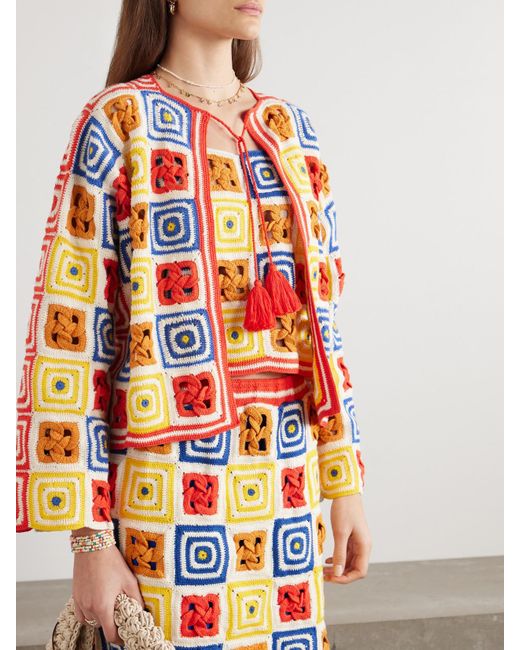 Escvdo Red Net Sustain Santeria Patchwork Crocheted-Cotton Cardigan