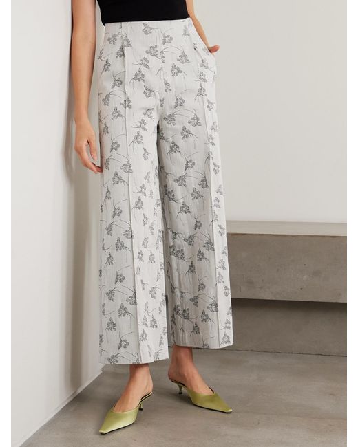 D'Estree White Martha Floral Denim-Jacquard Wide-Leg Pants