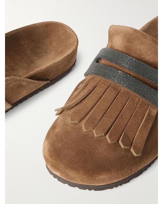 Brunello Cucinelli Brown Fussbett Bead-Embellished Fringed Suede Slippers