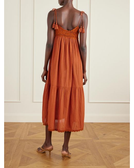 Ulla Johnson Orange Linnea Tasseled Crochet-Trimmed Cotton Midi Dress