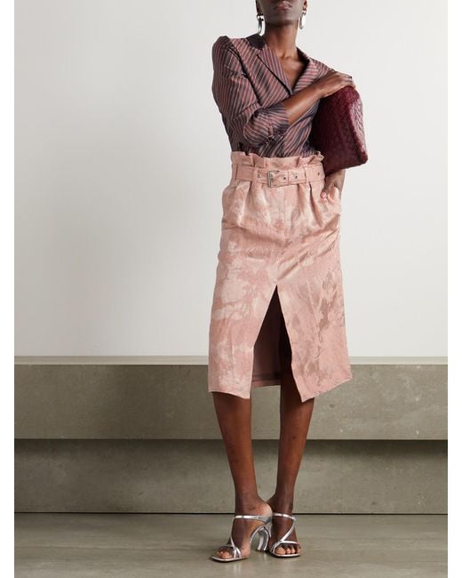 Dries Van Noten Pink Belted Pleated Linen-Blend Jacquard Skirt