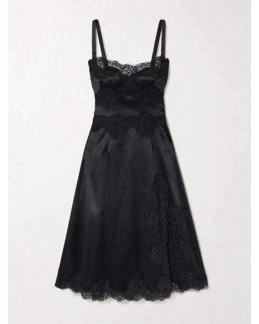 Dolce & Gabbana Black Midikleid Aus Satin Mit Spitzenbesätzen