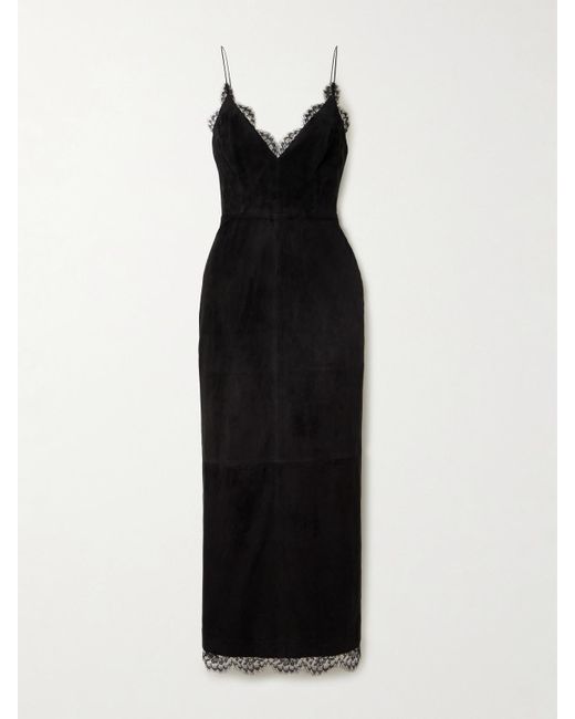 Alex Perry Lace-Trimmed Suede Midi Dress in Black | Lyst Alex Perry Lace-Trimmed Suede Midi Dress in Black | Lyst