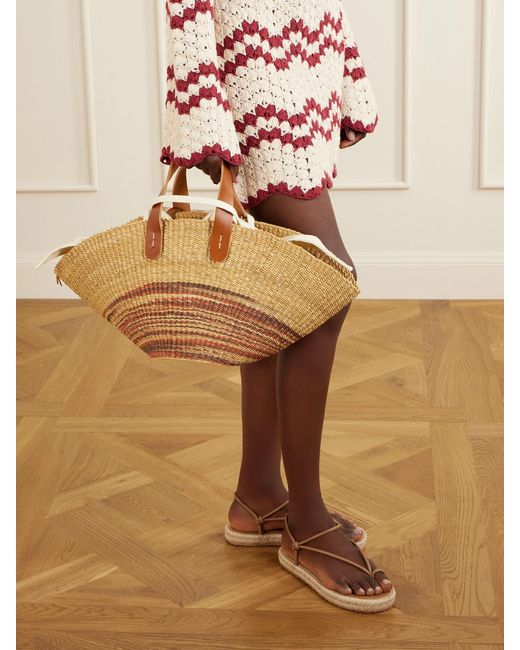 Muuñ Natural Pacha Striped Leather-Trimmed Raffia Tote