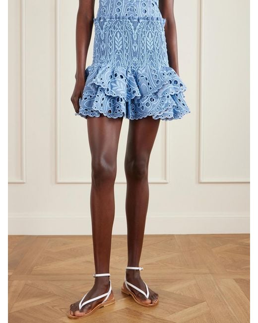 Charo Ruiz Blue Nerissa Tiered Shirred Broderie Anglaise Cotton-Blend Mini Skirt