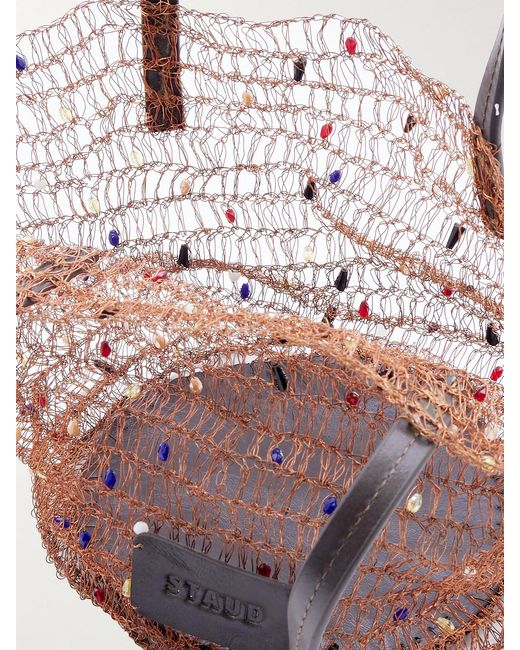 Staud Pink Jewel Leather-Trimmed Embellished Crocheted Bucket Bag