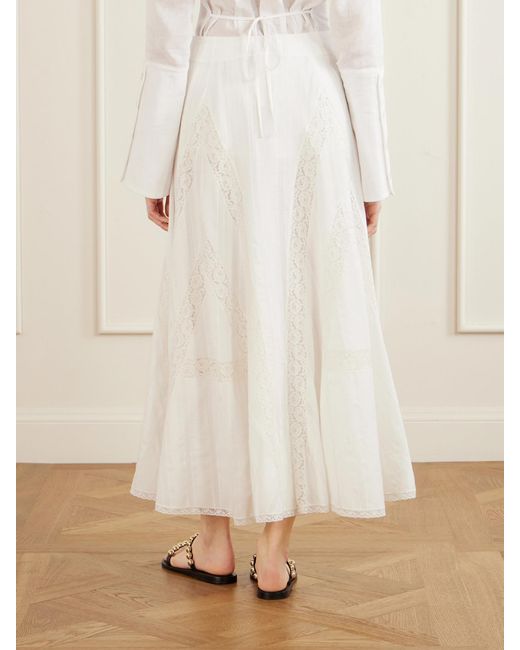 Loretta Caponi White Vieste Lace-Trimmed Cotton-Muslin Maxi Skirt