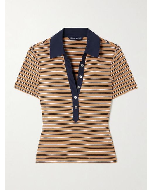 Veronica Beard Blue Kearney Oberteil Aus Gerippter Stretch-Baumwolle Mit Streifenmuster Und Polokragen