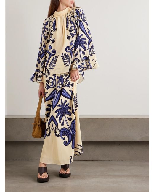 Johanna Ortiz Blue Rimto Sol Tie-Detailed Cutout Printed Silk Crepe De Chine Blouse