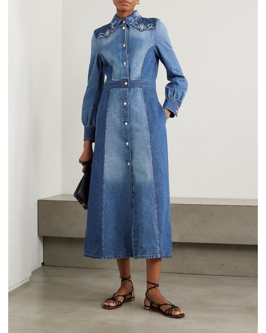 Chloé Blue Embroidered Two-Tone Cotton And Hemp-Blend Denim Midi Dress