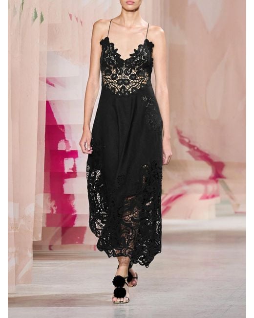 Ulla Johnson Brigitte Guipure Lace-Paneled Linen Midi Dress in Black | Lyst