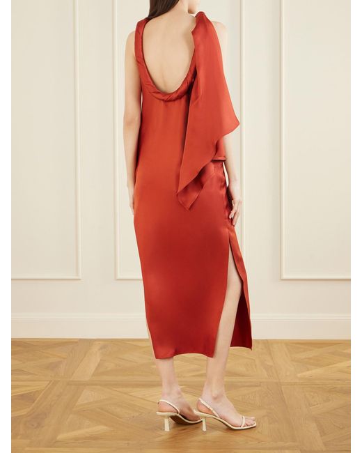 Loulou de Saison Red Susan Tie-Detailed Draped Silk-Twill Midi Dress