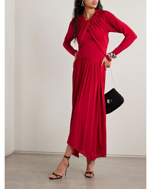 Isabel Marant Red Galina Asymmetrisches Kleid Aus Stretch-Jersey Mit Raffungen Und Überschlag