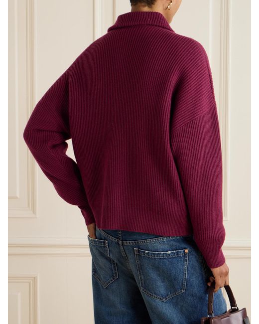 Brunello Cucinelli Purple Cardigan Aus Einer Gerippten Mischung Aus Wolle, Kaschmir Und Seide