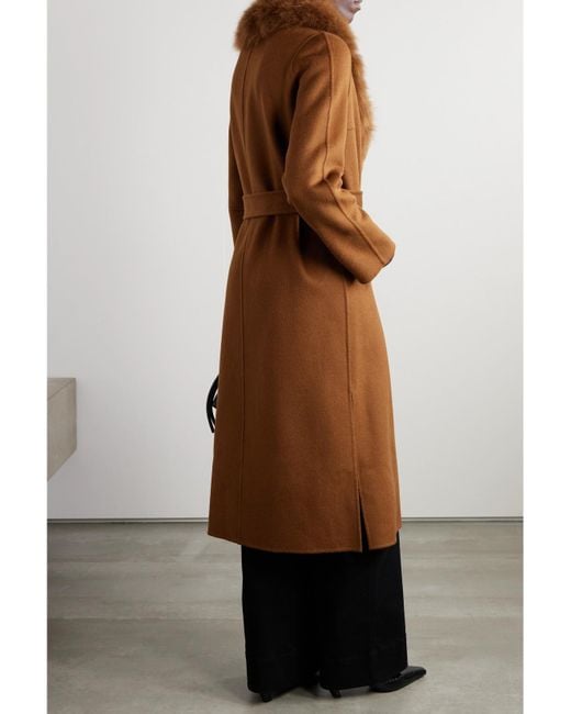 Yves Salomon Brown Mantel Aus Einer Woll-Kaschmirmischung Mit Shearling-Besatz Und Bindegürtel