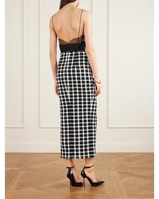Balmain White Frayed Checked Cotton-Blend Tweed Midi Skirt