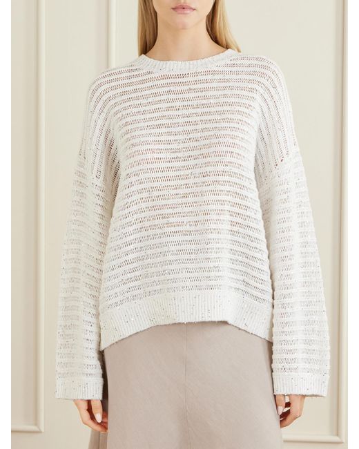 Brunello Cucinelli White Open Linen-Blend Knit Sweater