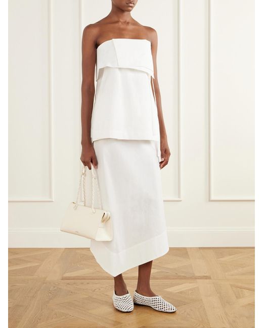 St. Agni White Belted Asymmetric Cotton-Blend Poplin Midi Skirt