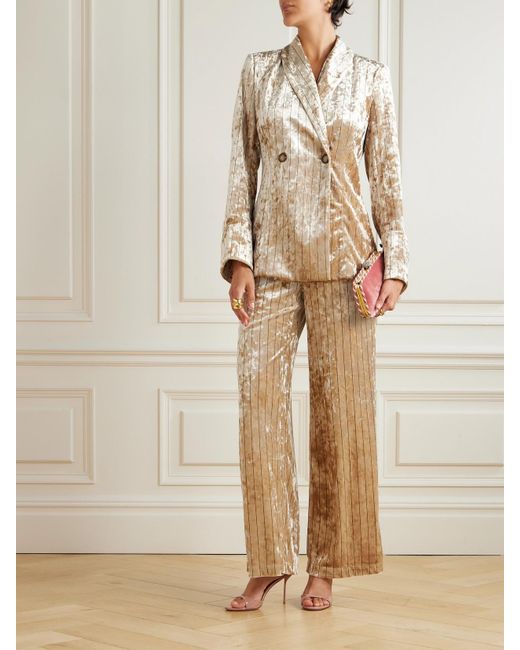 Loretta Caponi Natural Cipro Pinstriped Crushed-Velvet Wide-Leg Pants