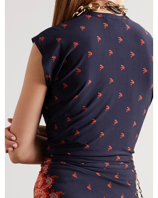 Rabanne Blue Wrap-Effect Printed Stretch-Jersey Top