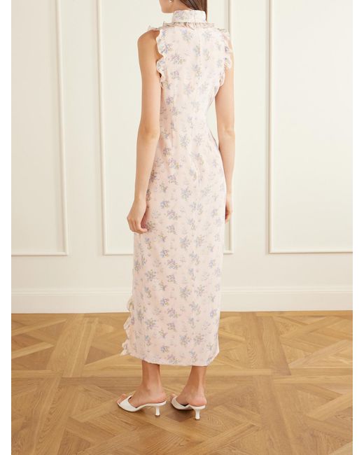 Alessandra Rich White Ruffled Floral-Print Silk Midi Dress