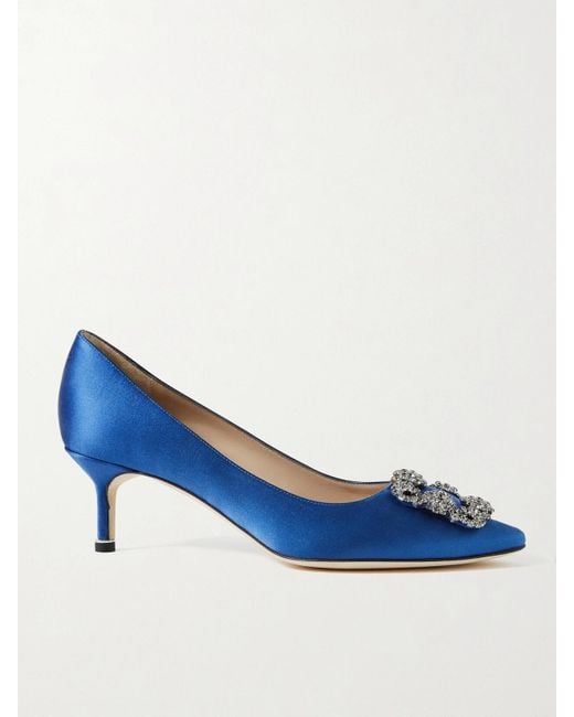 Manolo Blahnik Blue Hangisi 50 Crystal-Embellished Satin Pumps