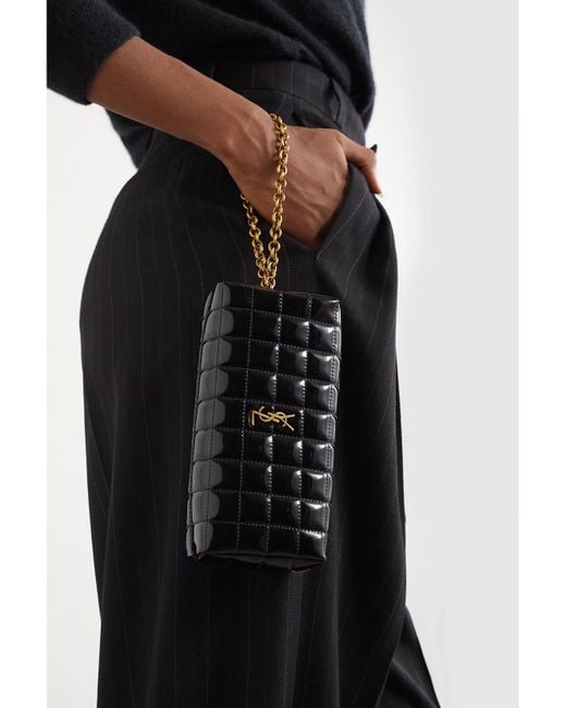 Saint Laurent Black Cassandre Carré Matelassé Patent Faux-Leather Pouch