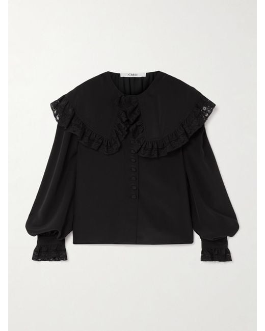 Chloé Black Lace-Trimmed Organic Silk Blouse