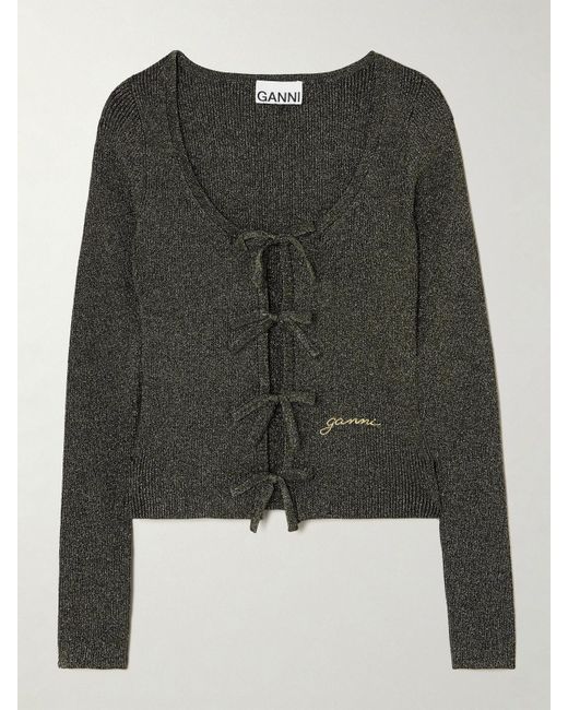 Ganni Black Cardigan Aus-Rippstrick Zum Binden