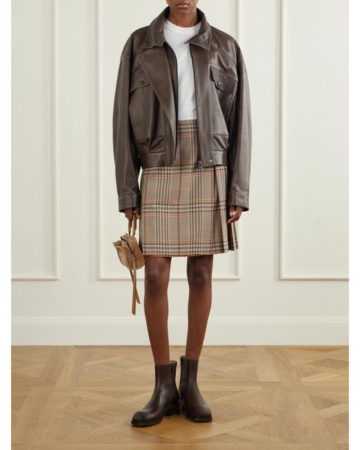 Burberry Natural Pleated Checked Wool Mini Skirt