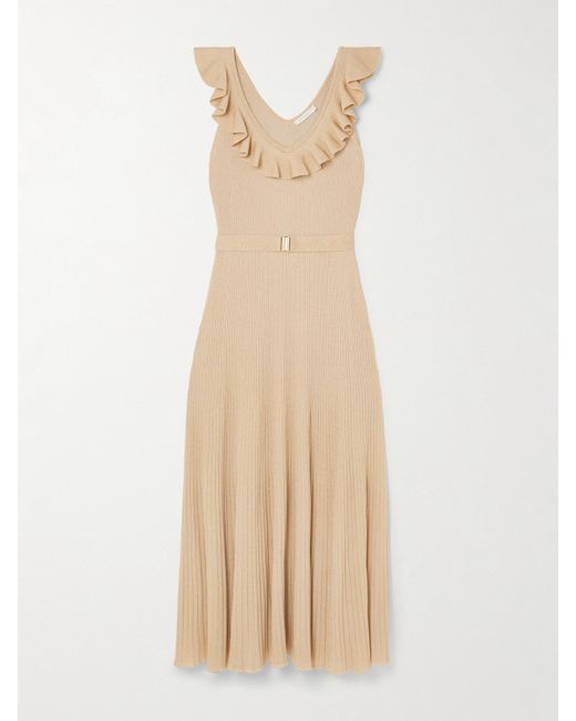 Zimmermann Natural Awaken Ruffled Belted Metallic Ribbed-Knit Midi Dress