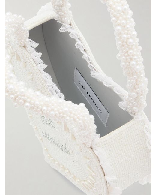 Clio Peppiatt White Just Married Lace-Trimmed Beaded Twill Tote