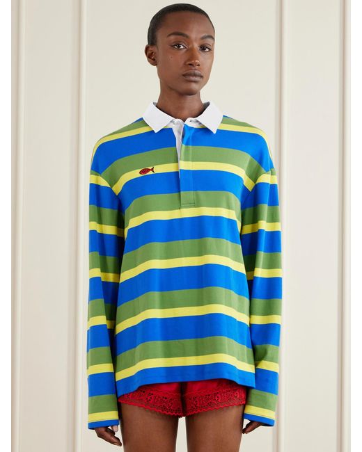 Staud Blue Da Adolfo Gavin Striped Logo-Embroidered Cotton-Blend Shirt