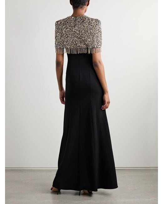Robe Du Soir Effet Cape En Crêpe À Ornements Et À Franges Rana Jenny Packham en coloris Black