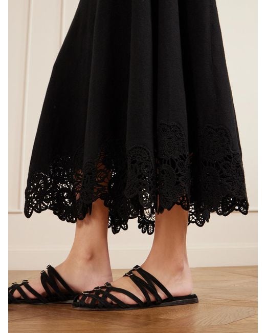 Zimmermann Black Valiant Lace-Trimmed Wool Midi Skirt