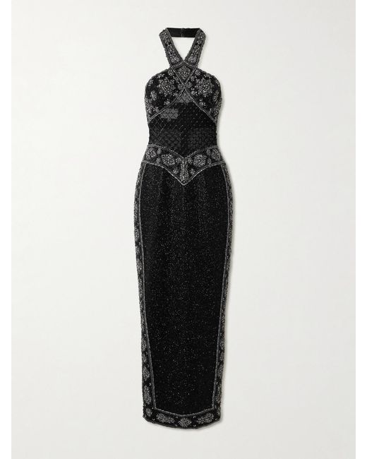 Clio Peppiatt Black Cyndi Cutout Embellished Mesh Halterneck Gown