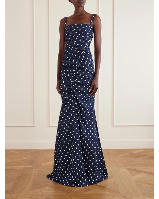 Carolina Herrera Blue Gathered Polka-Dot Cotton-Blend Twill Gown
