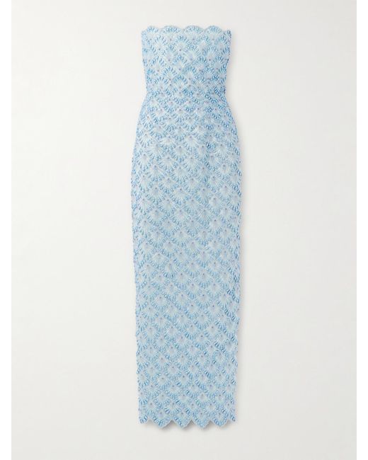 Clio Peppiatt Blue Ariel Strapless Scalloped Embellished Satin Gown