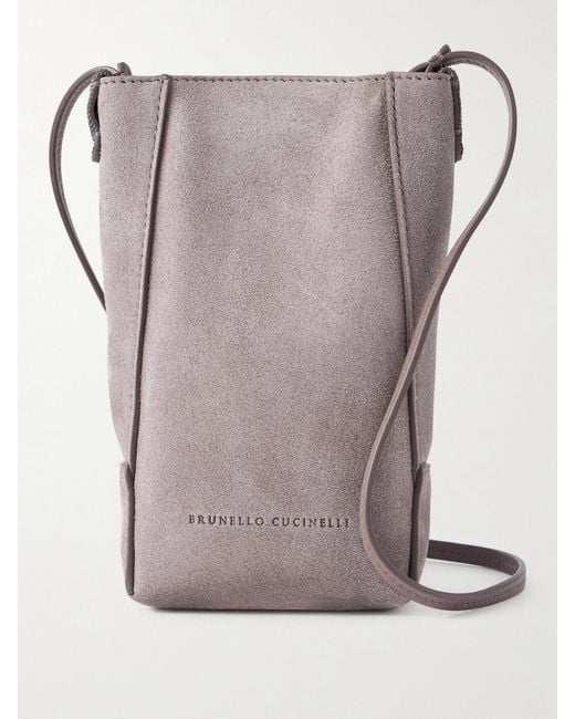 Brunello Cucinelli Gray Embellished Leather-Trimmed Suede Pouch