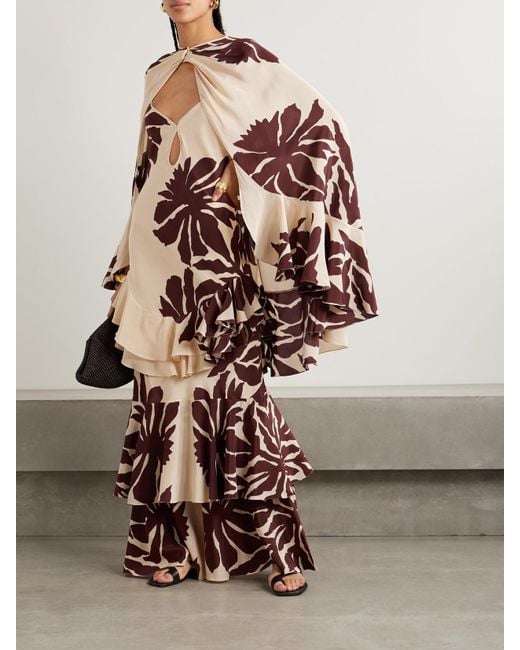 Johanna Ortiz Orange Aromatic Garden Ruffled Printed Silk Crepe De Chine Cape