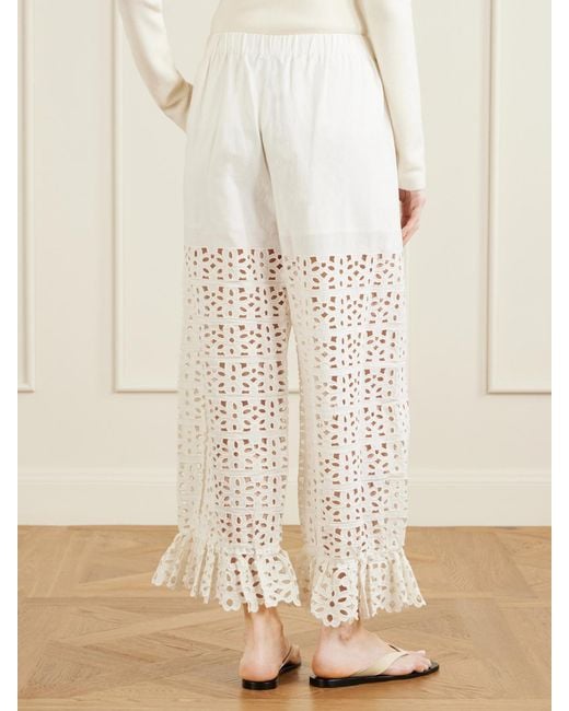Sea White Leila Broderie Anglaise-Trimmed Cotton And Linen-Blend Wide-Leg Pants
