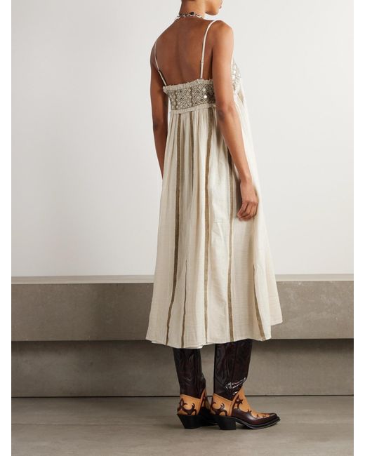 Alix Of Bohemia Natural Eden Frayed Embellished Striped Cotton-Blend Gauze Midi Dress
