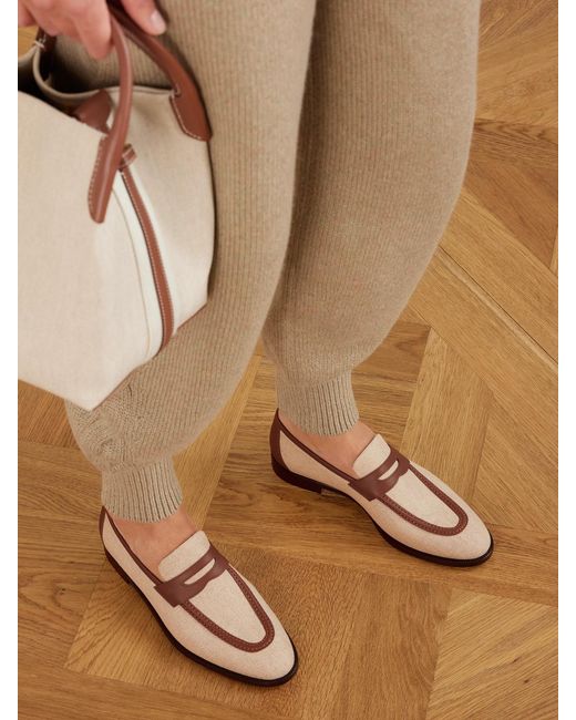 Loro Piana Natural Sergio Leather-Trimmed Canvas Loafers