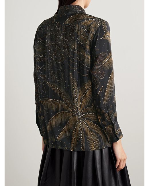 Farm Rio Black Crystal-Embellished Printed Crepe De Chine Shirt