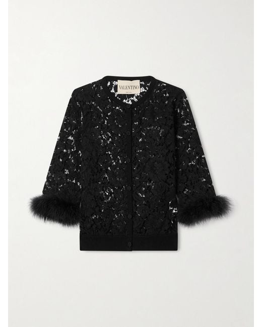 Valentino Garavani Black Feather-Trimmed Cotton Corded Lace Cardigan