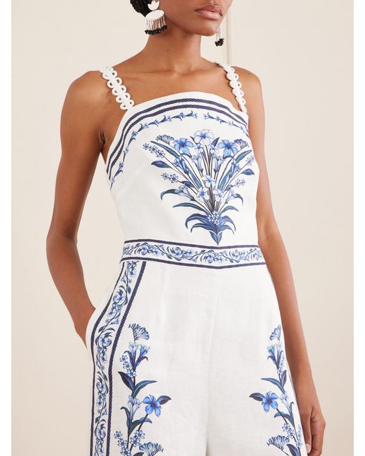 Farm Rio Blue Flowers Arch Printed Linen Jumpsuit