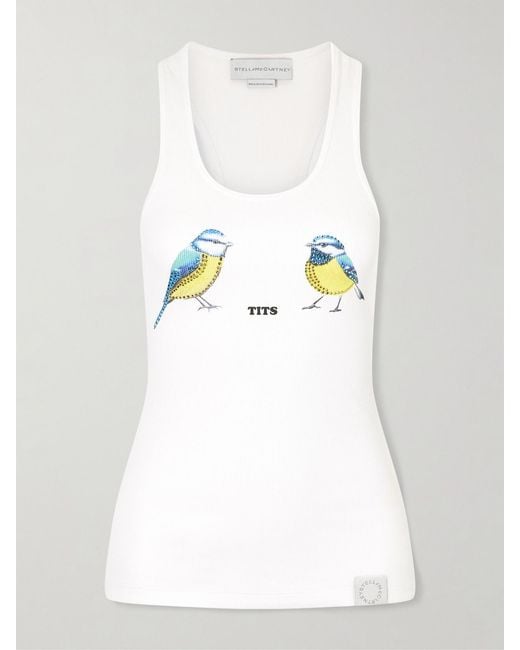Stella McCartney White Hot Fix Crystal-Embellished Printed Ribbed Stretch-Cotton Tank