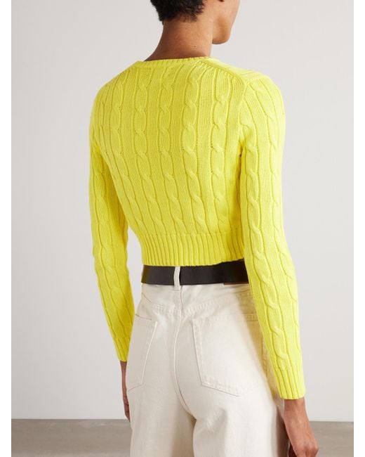 Polo Ralph Lauren Yellow Verkürzter Zopfstrickpullover Aus Baumwolle Mit Logostickerei