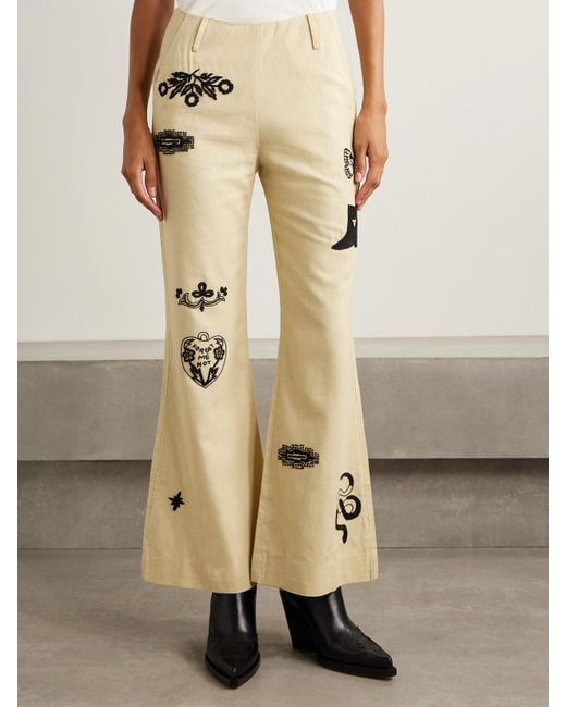 Alix Of Bohemia Natural Charlie Rye Embroidered Silk Flared Pants