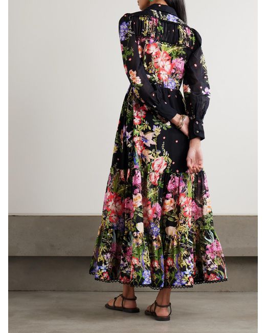 Charo Ruiz Black Lotus Floral-Print Cotton-Blend Voile Maxi Shirt Dress